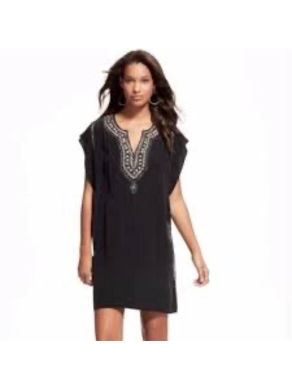Calypso St. Barth Silk Embellished Tunic Dress Black Mini Kaftan XS